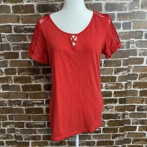 Color Story Floral Mesh Lace Short Sleeve T-shirt Size 3X Red